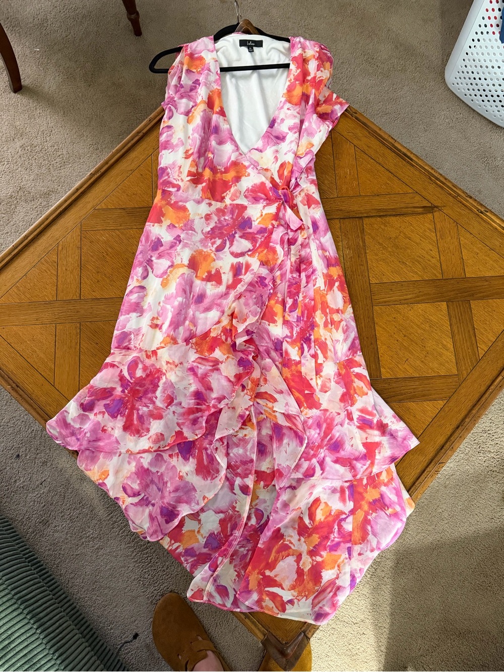 Lulus XL Pink Orange Floral Wrap Maxi Dress Ruffle High Low
